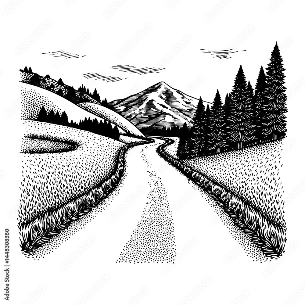 Fototapeta premium Winding mountain road through grassy hills and trees Black and White Outline Line Art Drawing Engraving Style
