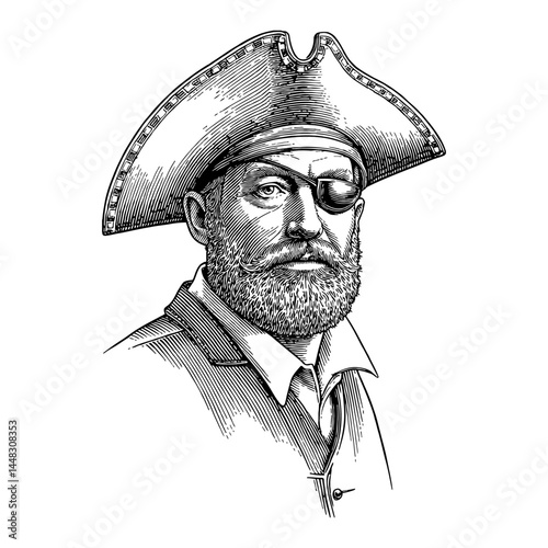 Man Wearing Pirate Costume Hat and Eye Patch Black and White Outline Line Art Drawing Portrait Illustration
