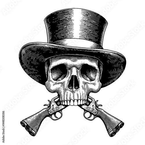 Skull Wearing Top Hat with Crossed Pistols Logo in Black and White Outline Line Art Drawing