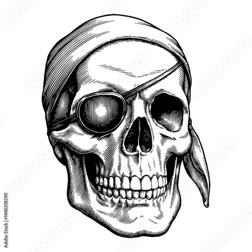 Pirate Skull Wearing Head Bandana and Eyepatch in Vintage Style Black and White Outline Line Art Drawing