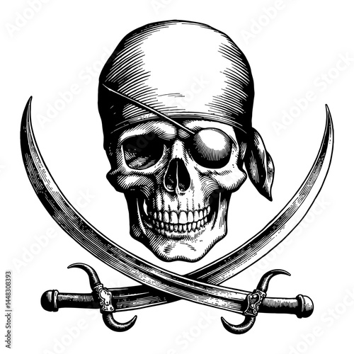 Detailed Skull Wearing Head Bandana and Eyepatch with Crossed Pirate Swords Logo Black and White Outline Line Art Drawing