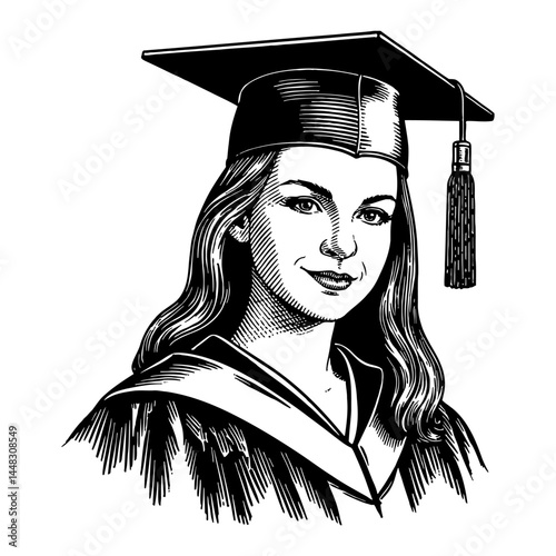Close Up Portrait of a Girl Woman Wearing Graduation Robe and Hat in Black and White Outline Line Art Drawing