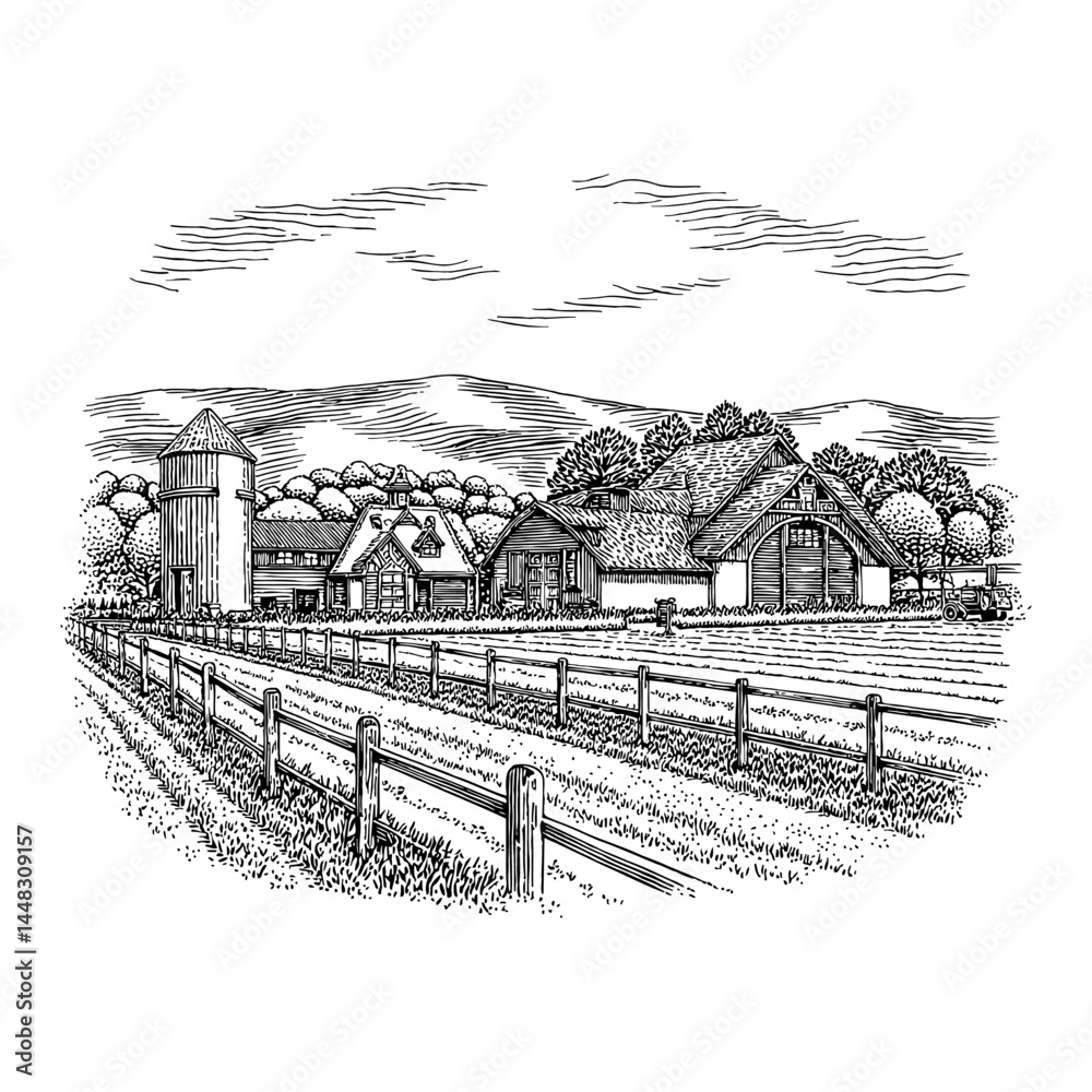 Fototapeta premium Rural Farm Scenery View Buildings Barns Silo Fields Fence Trees Mountains Black and White Outline Line Art Drawing