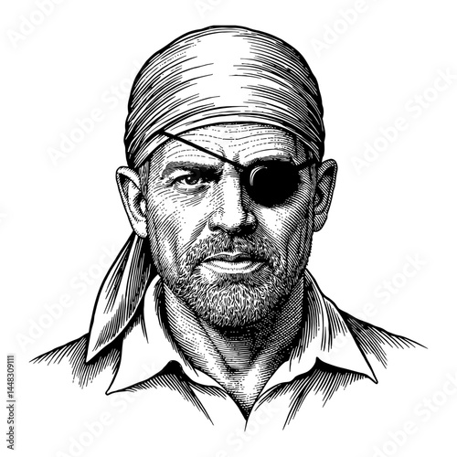 Man Pirate Costume with Head Bandana and Eye Patch Black and White Outline Line Art Drawing