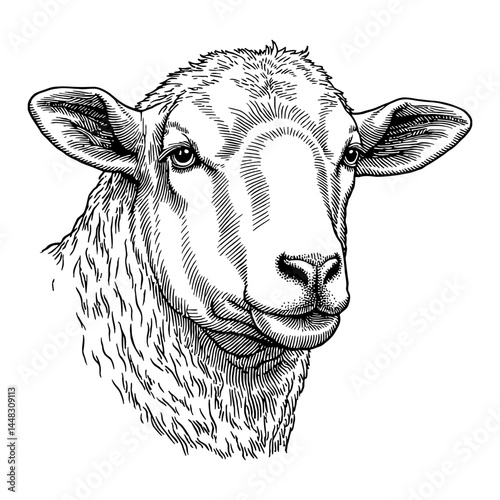 Detailed Lamb Head Portrait Black and White Outline Line Art Drawing Vintage Style