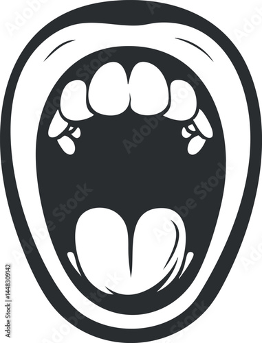 Black and white vector illustration of an open human mouth showing teeth and tongue in a graphic style