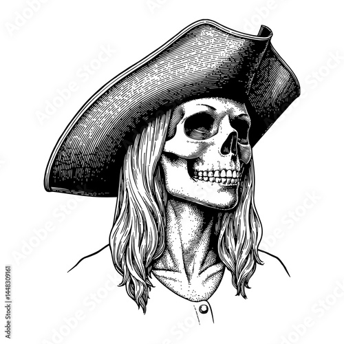 Woman Skull Wearing Pirate Hat with Long Hair in Detailed Black and White Outline Line Art Drawing