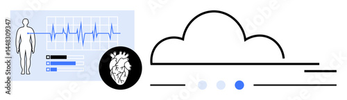 Human body with heart icon, ECG graph, and cloud symbol illustrating health data tracking and cloud storage. Ideal for healthcare, technology, medicine, telemedicine, innovation, IoT simple landing