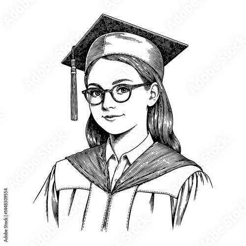 Girl with Glasses Wearing Graduation Robe and Hat Black and White Outline Line Art Drawing