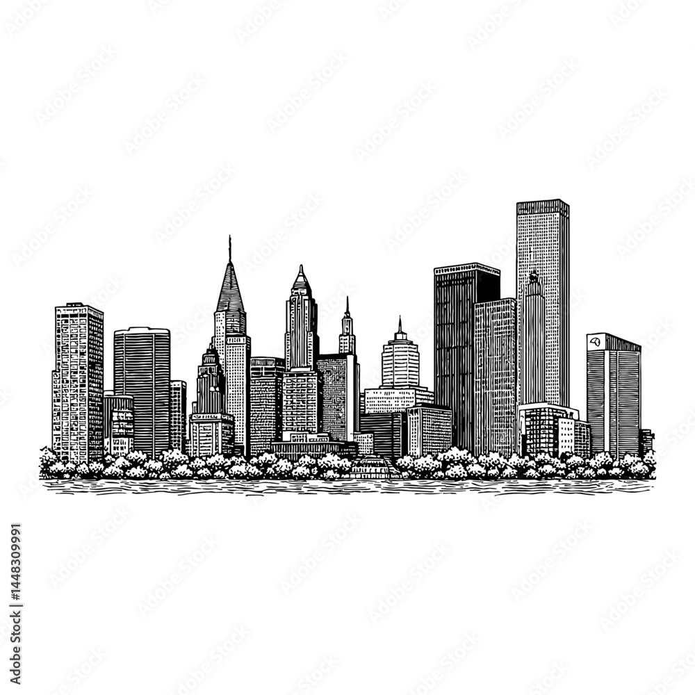 Fototapeta premium Modern City Skyline Silhouette Engraved Style Black and White Outline Line Art Drawing