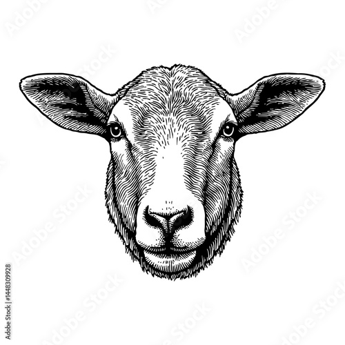 Close Up Isolated Lamb Head Portrait Black and White Outline Line Art Drawing Sheep Animal Face Detail