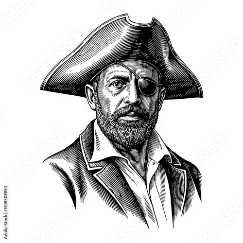 Vintage Engraving Black and White Outline Line Art Drawing of Man Wearing Pirate Costume Hat Eye Patch