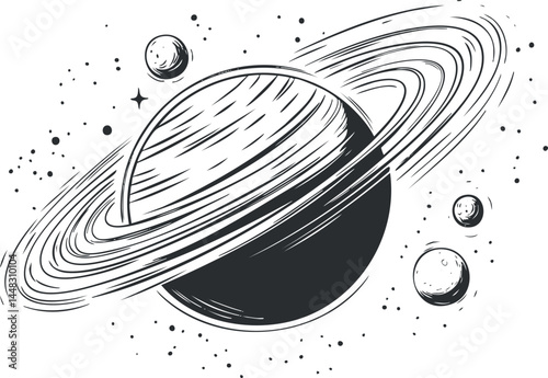 Black and white sketch illustration of a ringed planet with moons and stars in outer space