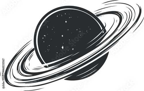 Black and white illustration of a planet with rings and stars in space representing astronomy and the universe