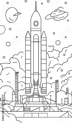 Line drawing of a rocket on a launch pad preparing for liftoff with clouds and planets in the sky