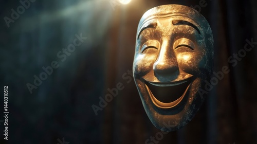Joke Day A glowing theatrical mask with a joyful expression, suspended in dim light.