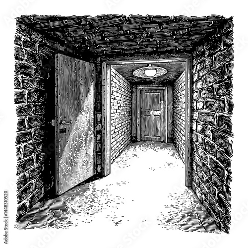 Empty Dark Room Basement with a Door and a Light Only Black and White Outline Line Art Drawing