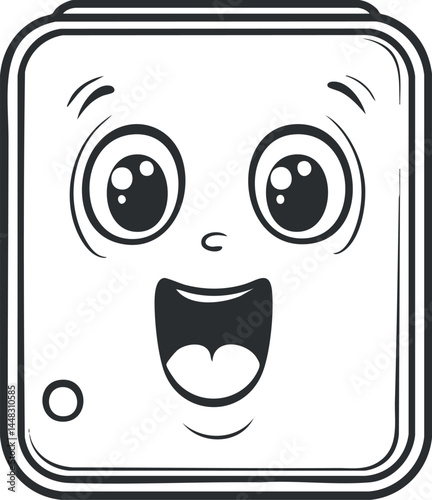 Cartoon happy smiling square face with large eyes and open mouth in black and white