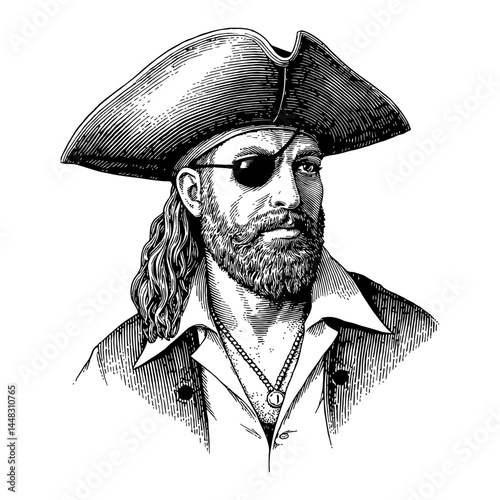 Man Wearing Pirate Costume Hat and Eye Patch Detailed Black and White Outline Line Art Drawing