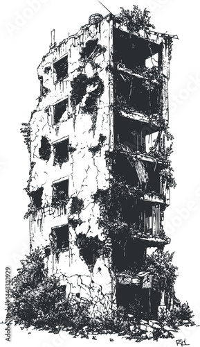Black and white sketch of a tall abandoned ruined building with cracks, broken windows, and overgrown plants.