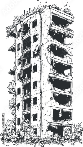 Black and white sketch of a damaged abandoned building with broken windows and overgrown vegetation