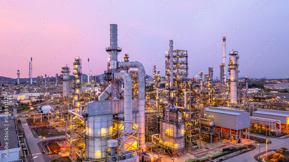 Aerial view oil and gas refinery plant at night, Global business energy logistic transportation, Oil and gas refinery petrochemical industrial, Petrochemical refinery industrial energy supply chain.
