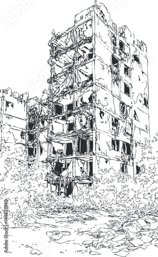 Black and white illustration of a large ruined and abandoned multi-story building in urban decay surrounded by debris and overgrown vegetation