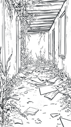 Black and white line drawing of a narrow abandoned alleyway covered with scattered papers and overgrown vines along old walls