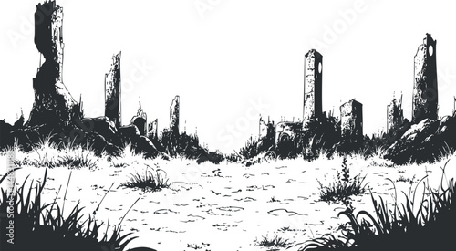 Black and white illustration of a deserted landscape with ancient crumbling stone ruins overgrown with grass