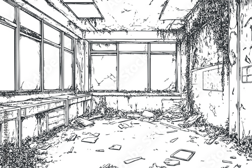 Abandoned and deteriorated empty room with broken windows, peeling walls, and debris scattered on floor.