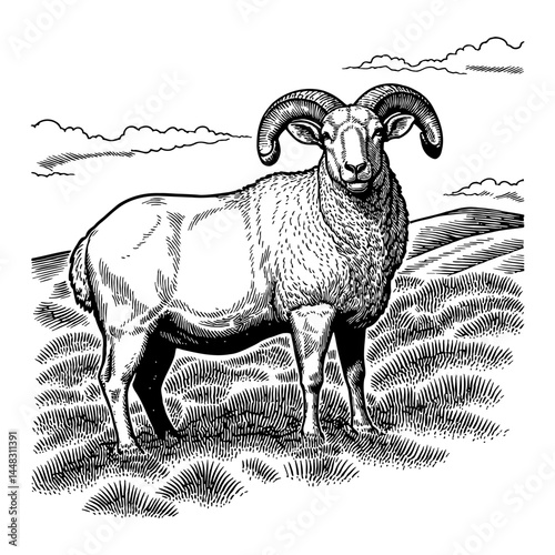 Majestic Bighorn Ovis Sheep Standing in Mountain Field Black and White Outline Line Art Drawing Engraving