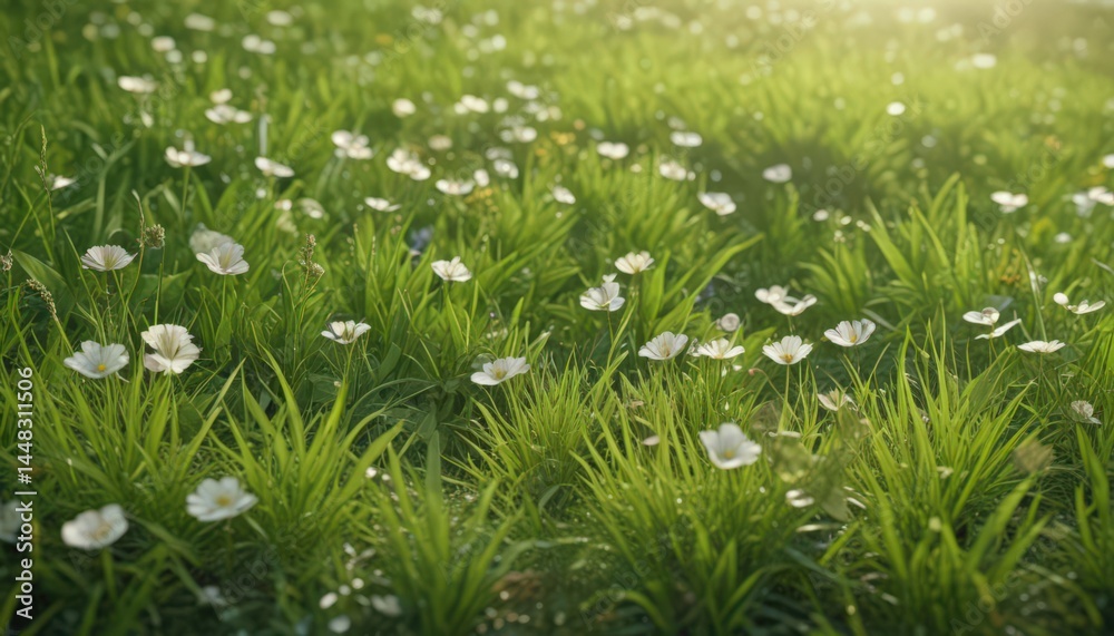 Close-up of lush green grass, delicate flowers, bright light , summer, flora Close-up of lush green grass, delicate flowers, bright light , summer, flora