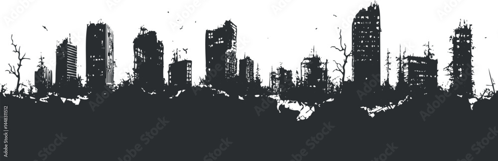 Obraz premium Silhouette of a destroyed and abandoned city skyline with ruined buildings and barren trees in black and white.