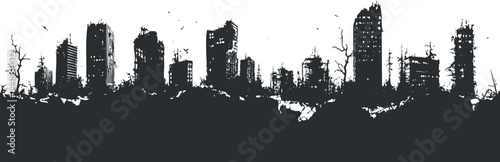 Silhouette of a destroyed and abandoned city skyline with ruined buildings and barren trees in black and white.