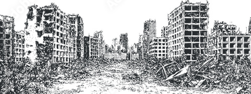 Black and white sketch of a destroyed city with ruined buildings and rubble in a postapocalyptic setting.