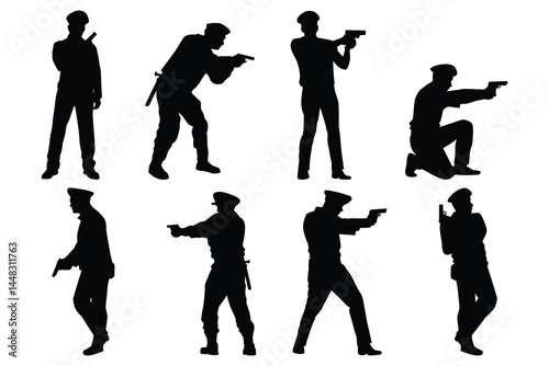 Black Silhouette Set of Police Officers with Rods Vector Illustration on White Background