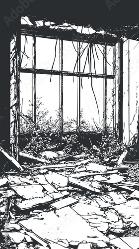 Black and white illustration of an abandoned dilapidated building interior with broken debris and large window.