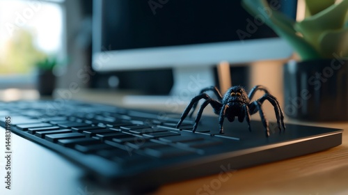 Joke Day A spider sits on a computer keyboard in a bright office environment.
