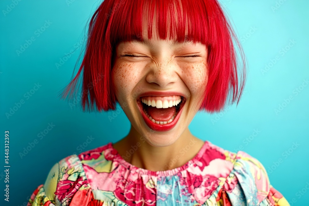 Short coiffure - red hair. Commercial digital ads concept art. Stunning happy mixed-race girl - for ads, marketing material and digital use. Vibrant model portrait ideas. Chic hair campaigns.