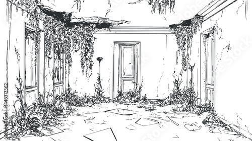 Black and white sketch of an abandoned room overgrown with plants and vines showing decay and neglect.