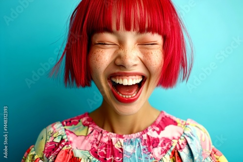 Obraz na płótnie Short coiffure - red hair. Commercial digital ads concept art. Stunning happy mixed-race girl - for ads, marketing material and digital use. Vibrant model portrait ideas. Chic hair campaigns. w salonie