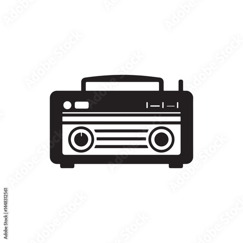 Black silhouette of a retro radio with antenna, perfect for vintage and audio-themed designs.