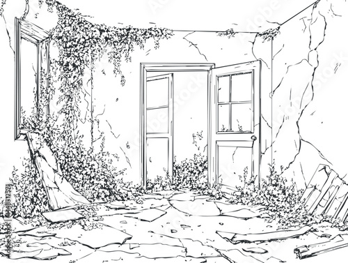 Black and white illustration of an abandoned room with broken door and window overgrown with ivy and plants