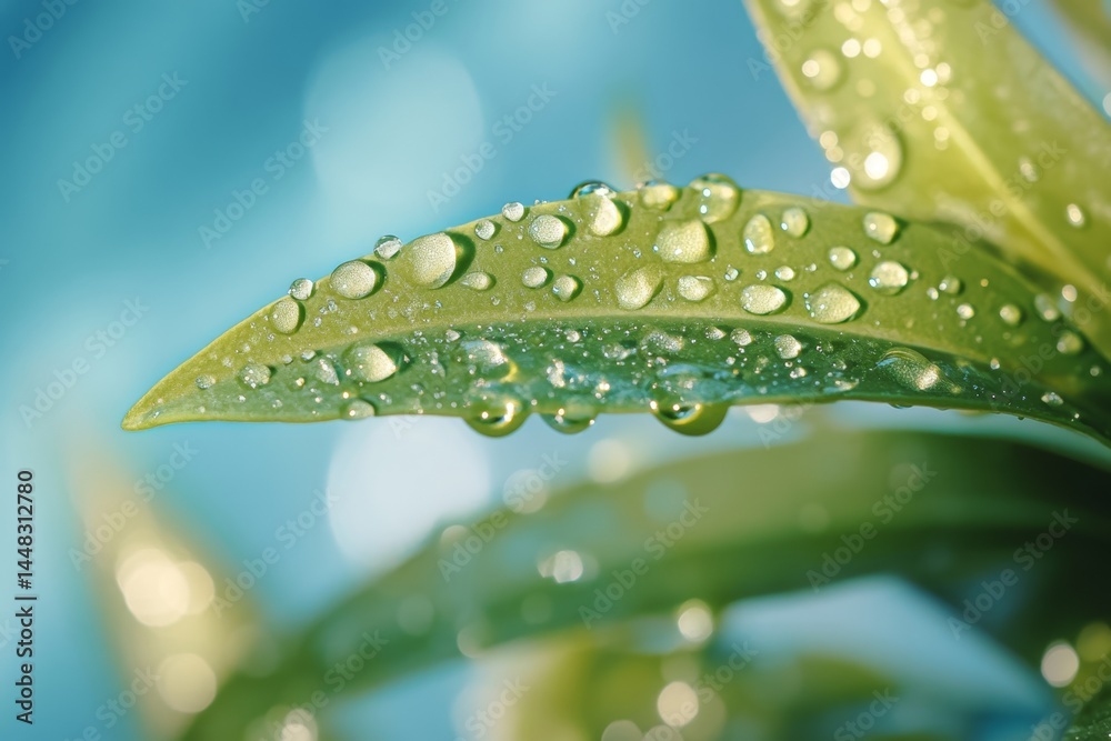 Wet green leaf with water droplets in sunlight against blue background.