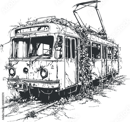 Black and white illustration of an abandoned tram covered in vines and overgrown plants on railway tracks