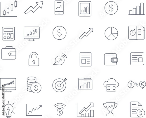30 set of trading transparent background. vector illustration trading stock investment business and finance style line outline icons