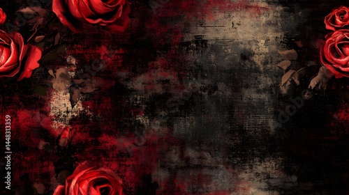 Fototapeta Naklejka Na Ścianę i Meble -  Dark, textured background with vibrant red roses.