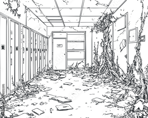 Abandoned school hallway with damaged lockers and walls overgrown by creeping plants and vines