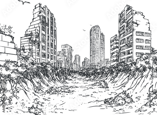 Postapocalyptic city ruins with destroyed skyscrapers and overgrown vegetation in an abandoned urban landscape