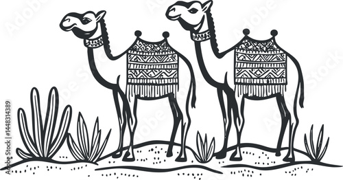 Black and white illustration of two camels with patterned blankets standing on desert sand with plants.